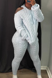 Light Blue Sweet Solid Patchwork Hooded Collar Long Sleeve Two Pieces Hooded Sweater Pants Outfit Cozy Sweatsuits