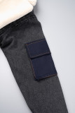 Schwarze Street Solid Patchwork-Jeansjacke mit Umlegekragen, langen Ärmeln und geradem Schnitt