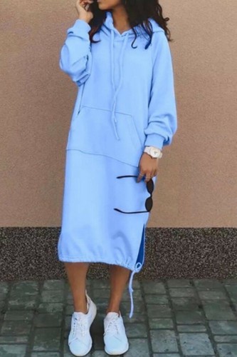 Sky Blue Casual Solid Patchwork Hooded Collar Long Sleeve Dresses