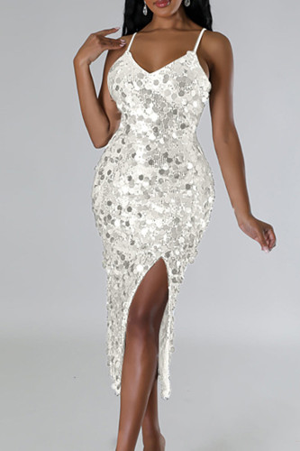 Witte sexy elegante effen pailletten patchwork hoge opening rits spaghetti avondjurk jurken