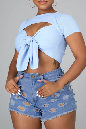 Light Blue Street Solid Hollowed Out Pocket Buttons Zipper Mid Waist Hole Skinny Ripped Denim Shorts