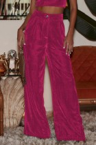 Розово-красные повседневные однотонные брюки с пуговицами, базовые обычные однотонные брюки с высокой талией