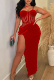 Rode sexy effen patchwork doorzichtige rugloze split spaghetti band lange jurk jurken