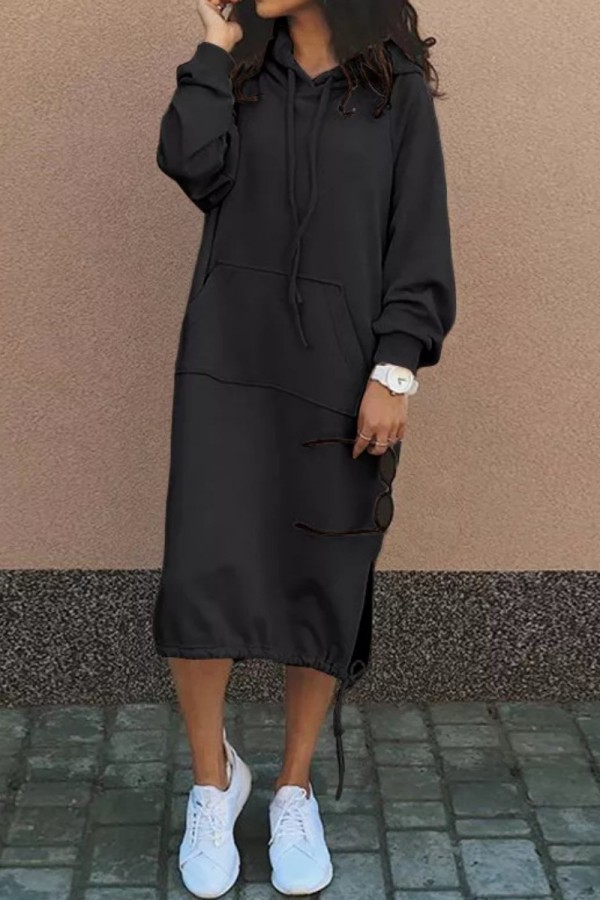 Schwarze, lässige, solide Patchwork-Kleider mit Kapuzenkragen und langen Ärmeln