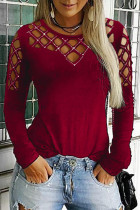Camiseta de manga larga con perforación en caliente hueca burdeos, top punk para mujer