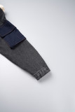 Черная уличная однотонная джинсовая куртка в стиле пэчворк с отложным воротником и длинными рукавами