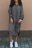 Vestidos de manga larga con cuello encapuchado de patchwork sólido informal gris claro