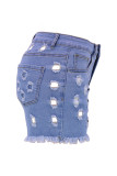 Lichtblauwe straat effen uitgeholde zak met knopen en ritssluiting midden taille skinny denim shorts
