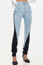 Baby Blue Casual Patchwork Contrast High Waist Skinny Denim Jeans