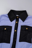 Vestido largo con cuello en V y hebilla de bolsillo con parches de color informal azul