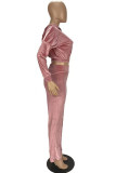 ピンクカジュアルプリントレターフード付きカラー長袖ツーピース