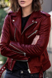 Burgundy Casual Solid Patchwork Turndown Collar Outerwear