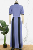Синие повседневные повязки с цветными блоками в стиле пэчворк с карманами и пряжкой, длинные платья с V-образным вырезом