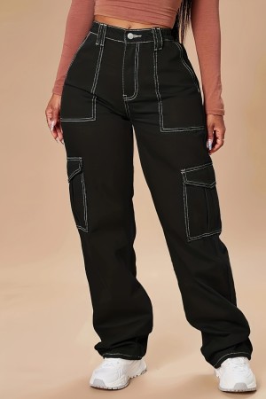 Black Casual Solid Patchwork High Waist Regular Baggy Cargo Denim Jeans
