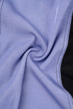 ブルー カジュアル カラーブロック 包帯 パッチワーク ポケット バックル V ネック ロング ドレス ドレス