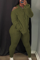 Olive Green Sweet Solid Patchwork Hooded Collar Long Sleeve Two Pieces Hooded Sweater Pants Outfit Cozy Sweatsuits