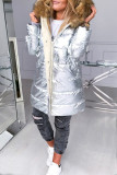 Silver Casual Solid Patchwork Hooded Collar Outerwear