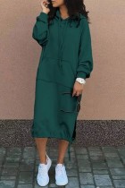 グリーン カジュアル ソリッド パッチワーク フード付き カラー 長袖 ドレス