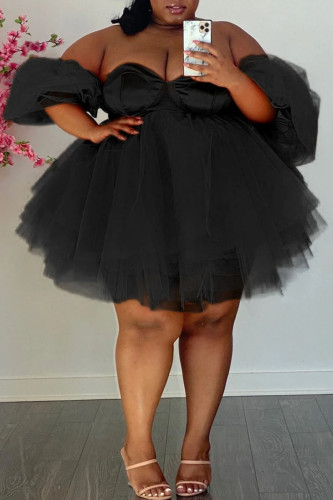 Zwarte sexy effen patchwork off-shoulder baljurk grote maten jurken