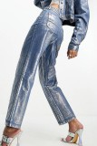 Prata Casual Bronzing Patchwork Cintura Média Jeans Reta