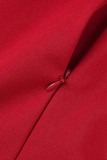 Red Casual Elegant Solid Patchwork Oblique Collar Plus Size Jumpsuits