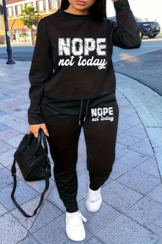 Black Casual Letter Print Basic O Neck Long Sleeve Two Pieces