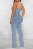 Blue Casual Solid Backless Strapless Sleeveless High Waist SkinnyBodycon Distressed Ripped Denim Jumpsuits