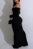 Vestidos longos pretos casuais lisos sem costas ombro a ombro
