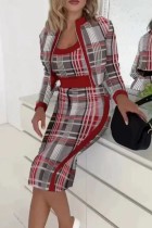 Red Gray Casual Print Patchwork O Neck Long Sleeve Three Piece Set