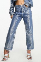 Silver Casual Bronzing Patchwork Mid Waist Straight Denim Jeans