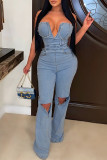 Blue Casual Solid Backless Strapless Sleeveless High Waist SkinnyBodycon Distressed Ripped Denim Jumpsuits