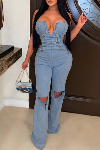 Blue Casual Solid Backless Strapless Sleeveless High Waist Skinny Denim Jumpsuits