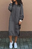 グレー カジュアル ソリッド パッチワーク フード付きカラー ロング スリーブ ドレス