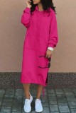 Розовые повседневные однотонные лоскутные платья с капюшоном и воротником с длинным рукавом