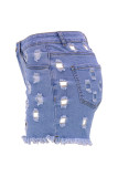 Light Blue Street Solid Hollowed Out Pocket Buttons Zipper Mid Waist Skinny Denim Shorts