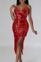Vermelho sexy elegante sólido lantejoulas retalhos alta abertura zíper cinta espaguete vestidos de noite