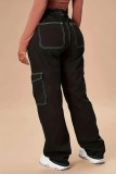 Schwarze, lässige, solide Patchwork-Jeans mit hoher Taille
