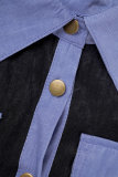 Schwarze, lässige Farbblock-Verband-Patchwork-Taschenschnalle mit V-Ausschnitt, langes Kleid