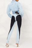 Calça Jeans Skinny Azul Bebê Casual Patchwork Contraste Cintura Alta