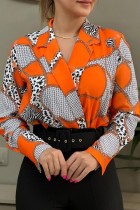Orange Casual Print Basic Turndown Collar Tops
