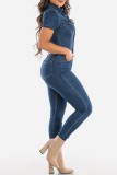 Повседневные однотонные джинсовые комбинезоны цвета индиго с отложным воротником и короткими рукавами в стиле пэчворк