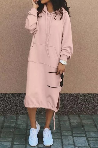 Pink Casual Solid Patchwork Hooded Collar Long Sleeve Dresses