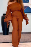 Bruine casual elegante effen patchwork schuine kraag plus size jumpsuits