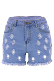Deep Blue Street Solid Hollowed Out Pocket Buttons Zipper Mid Waist Hole Skinny Ripped Denim Shorts