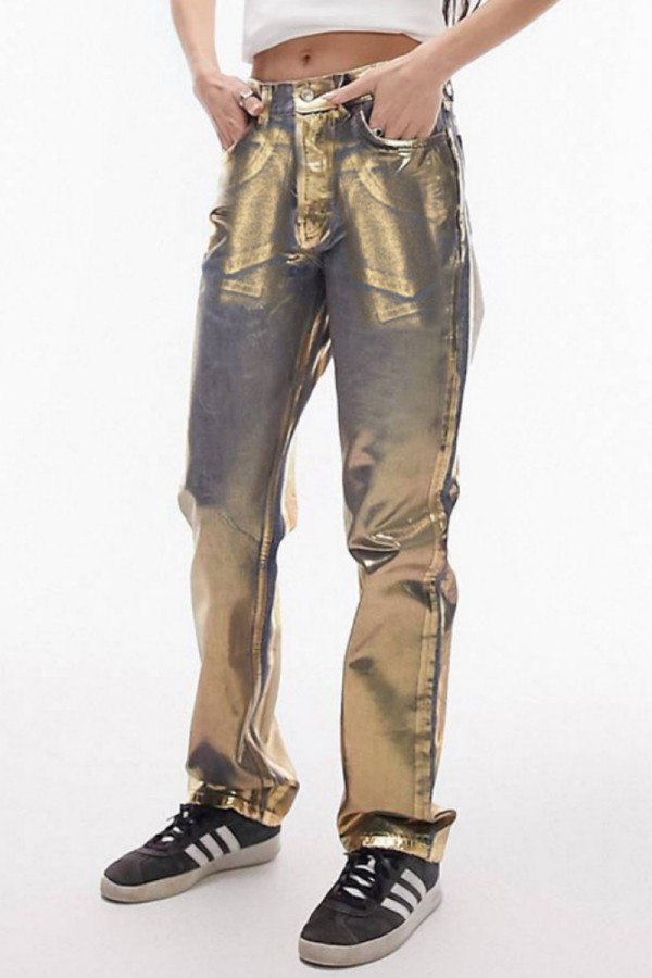 Золотые повседневные бронзовые лоскутные прямые джинсовые джинсы со средней талией