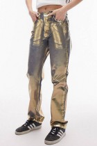 Guld Casual Bronzing Patchwork Rak denim jeans med mitten av midjan