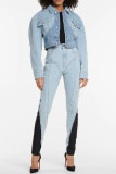 Babyblaue, legere, kontrastierende Patchwork-Jeans aus Röhrenjeans mit hoher Taille