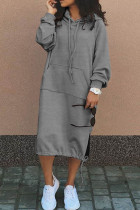 Светло-серые повседневные однотонные лоскутные платья с капюшоном и длинными рукавами