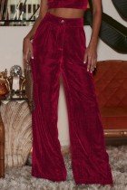 Pantalon décontracté rouge à boutons unis, basique, taille haute, conventionnel, couleur unie