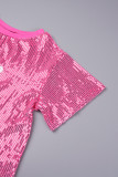 Roze casual pailletten patchwork volant O-hals rechte jurken